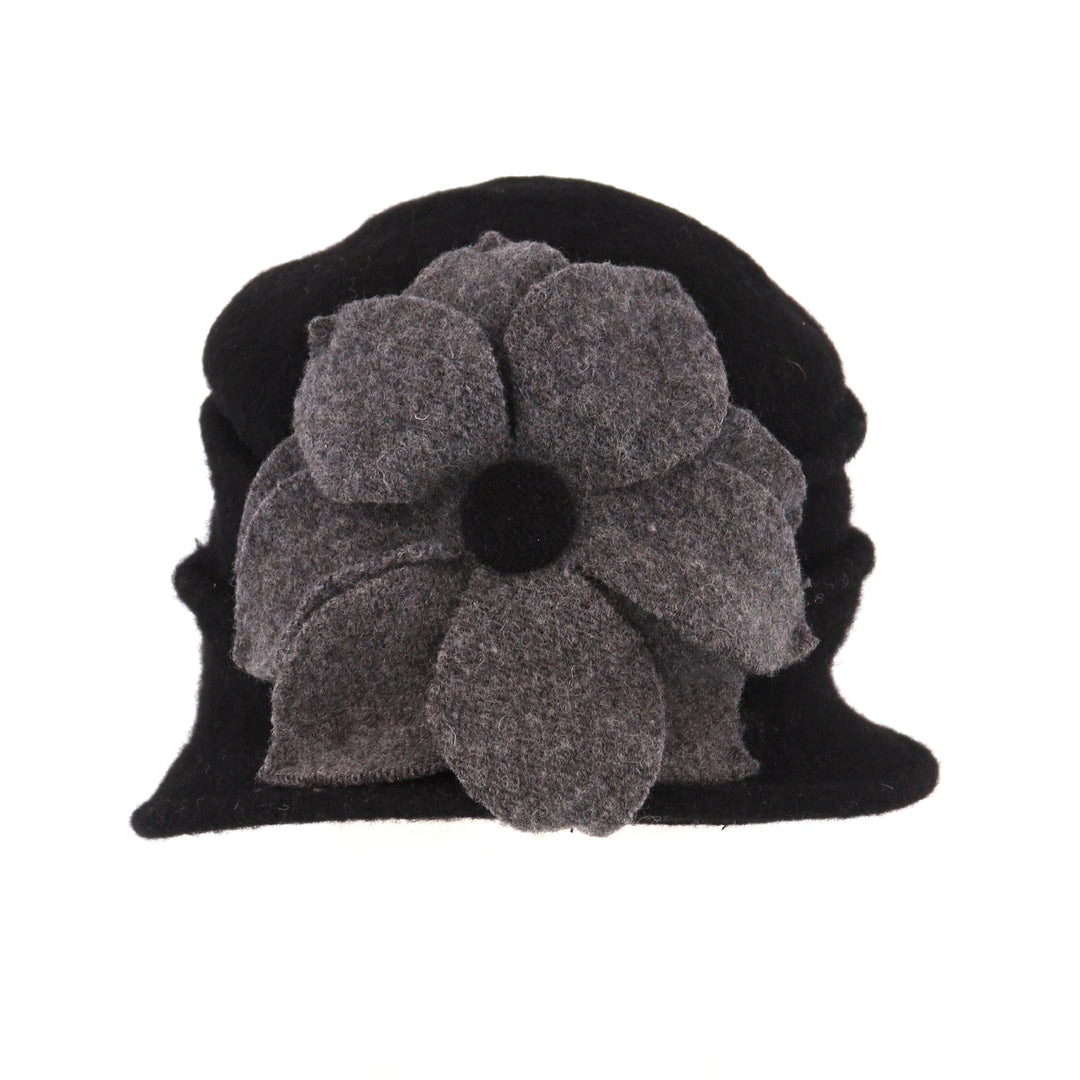 Black Pure New Wool Flower Pull On Cloche Hat