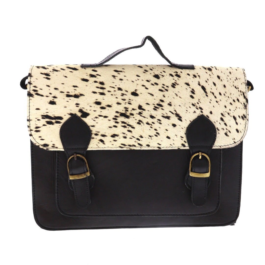 Recycled Leather Black Briefcase With Animal Print