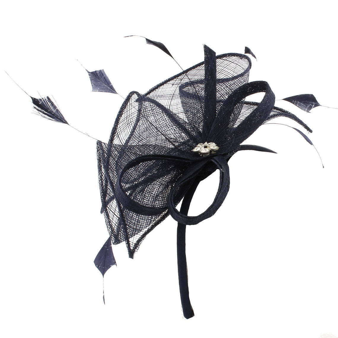 Navy Blue Sinamay Feather Headband Fascinator with Diamante