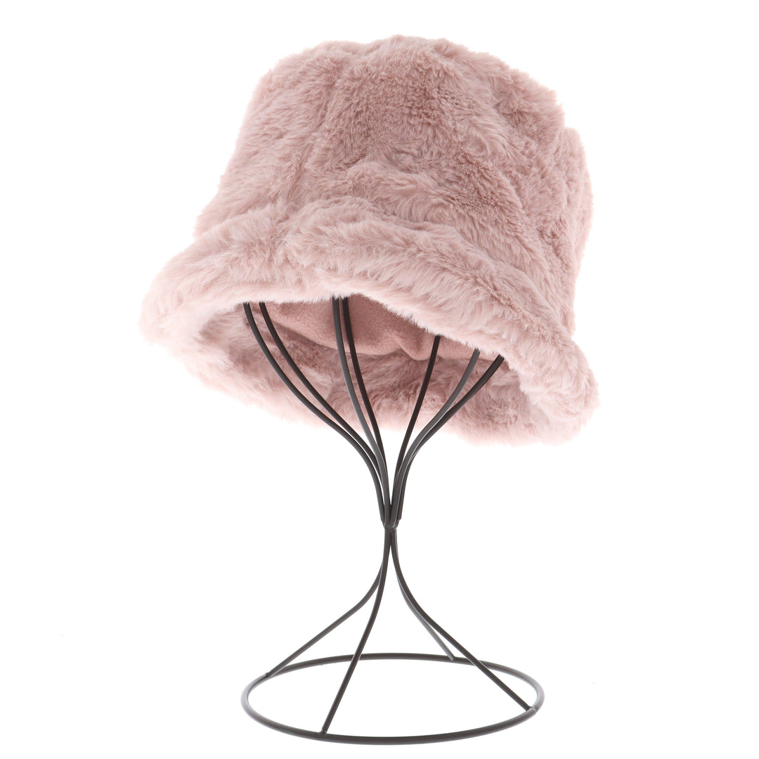 Women's Winter Faux Fur Soft Fluffy Plush Bucket Hat Pink