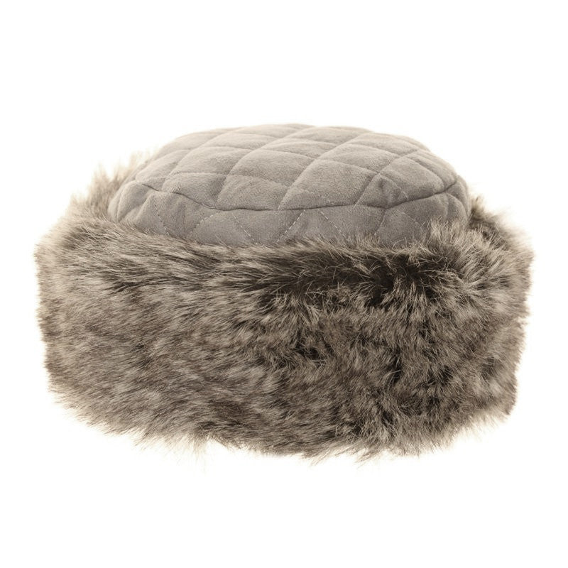 Grey Faux Fur Cossack Winter Hat Suede Look Top