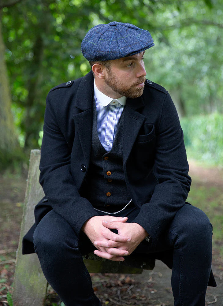 Dents Wool Check Bakerboy Cap - Blue