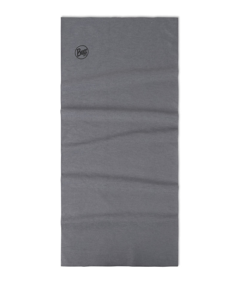 A gray heathered neck gaiter or face covering with a small black circular 'Buff' logo printed near the top left corner, shown flat against a white background.