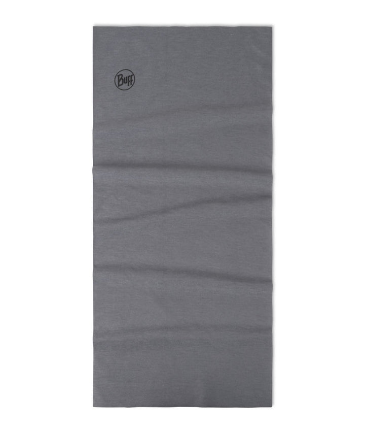 A gray heathered neck gaiter or face covering with a small black circular 'Buff' logo printed near the top left corner, shown flat against a white background.