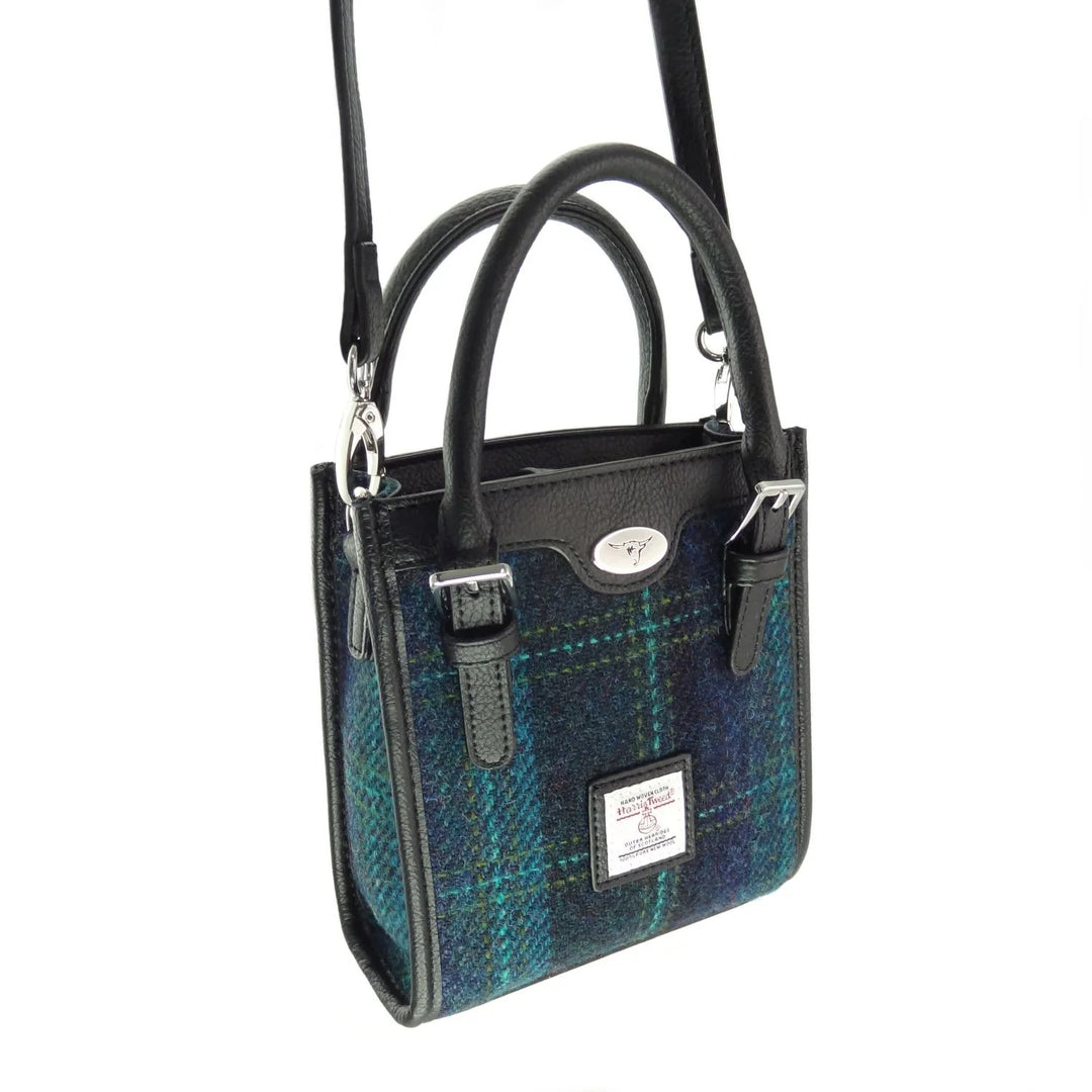 Glen Appin Harris Tweed Keltie Tall Mini Tote Bag in Blue Turquoise Check