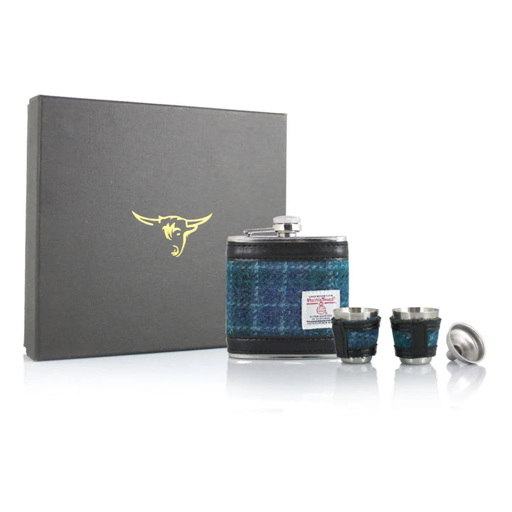 Glen Appin Harris Tweed Hip Flask & Cups Gift Set - Blue Turquoise Check