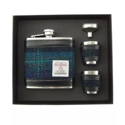 Glen Appin Harris Tweed Hip Flask & Cups Gift Set - Blue Turquoise Check