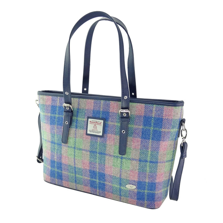 Glen Appin Harris Tweed Classic Spey Tote Handbag Soft Blue/Pink Tartan