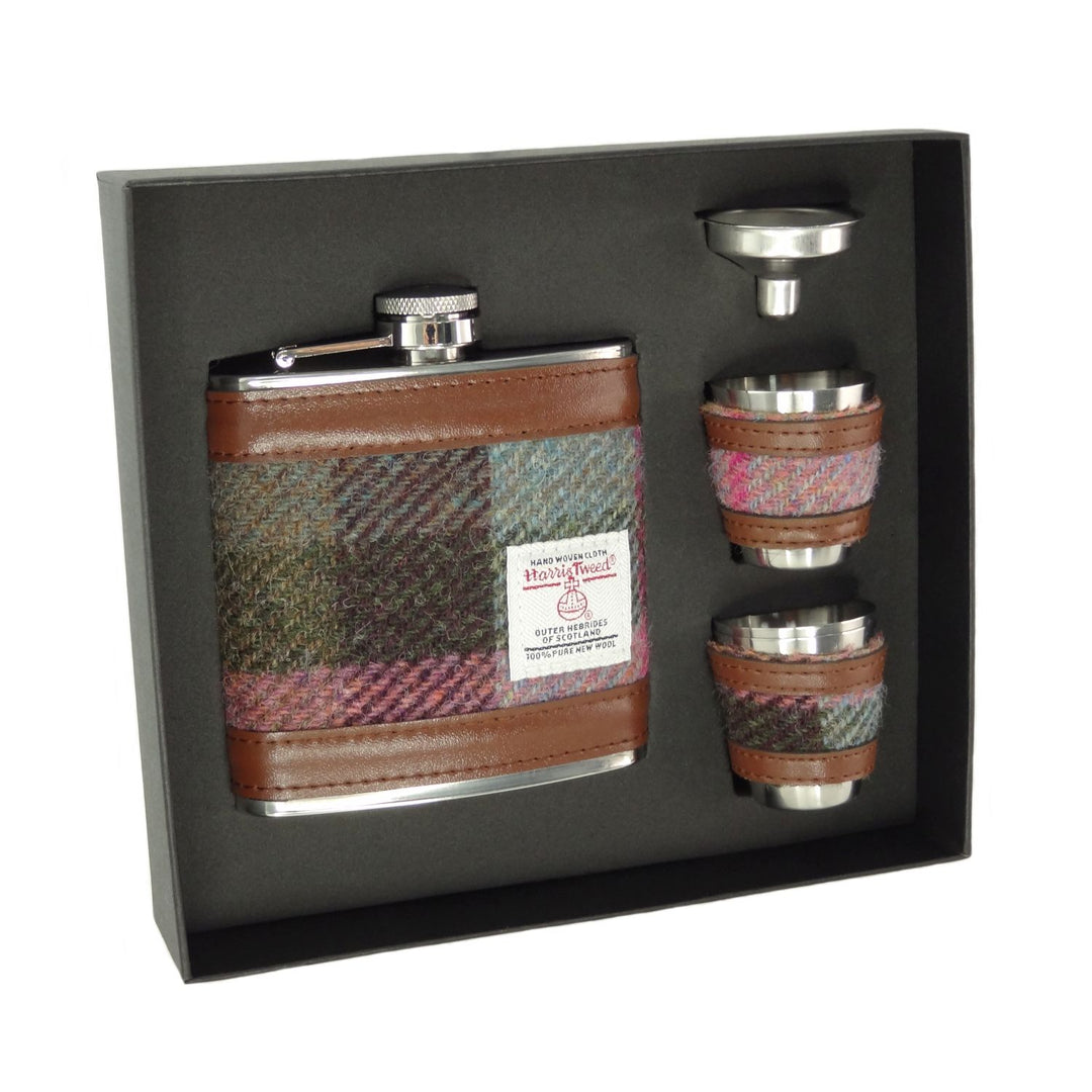 Glen Appin Harris Tweed Hip Flask & Cups Gift Set - Green & Pink Tartan
