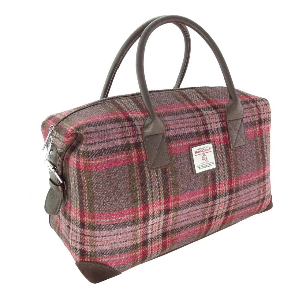 Glen Appin Harris Tweed Esk Travel Overnight Bag Burgundy & Pink Stewart Tartan