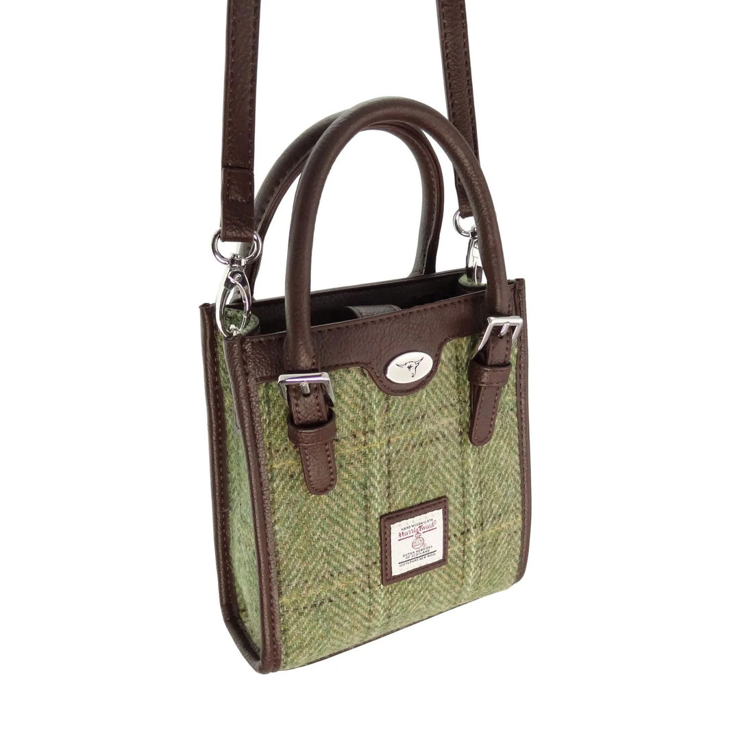 Glen Appin Harris Tweed Keltie Tall Mini Tote Bag in Green Herringbone