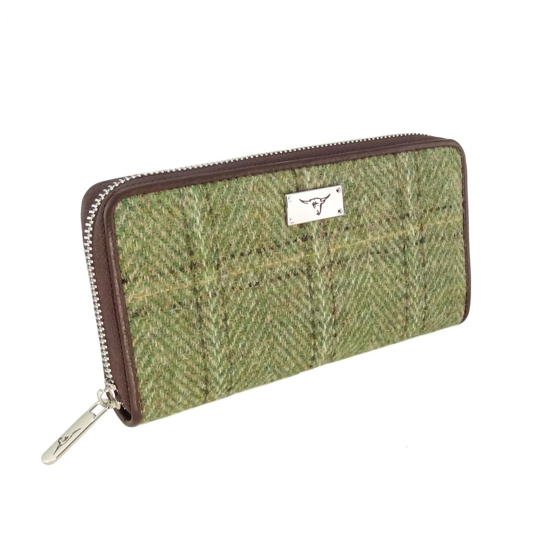 Glen Appin Harris Tweed Ladies Staffa Large Zip Purse Green Herringbone