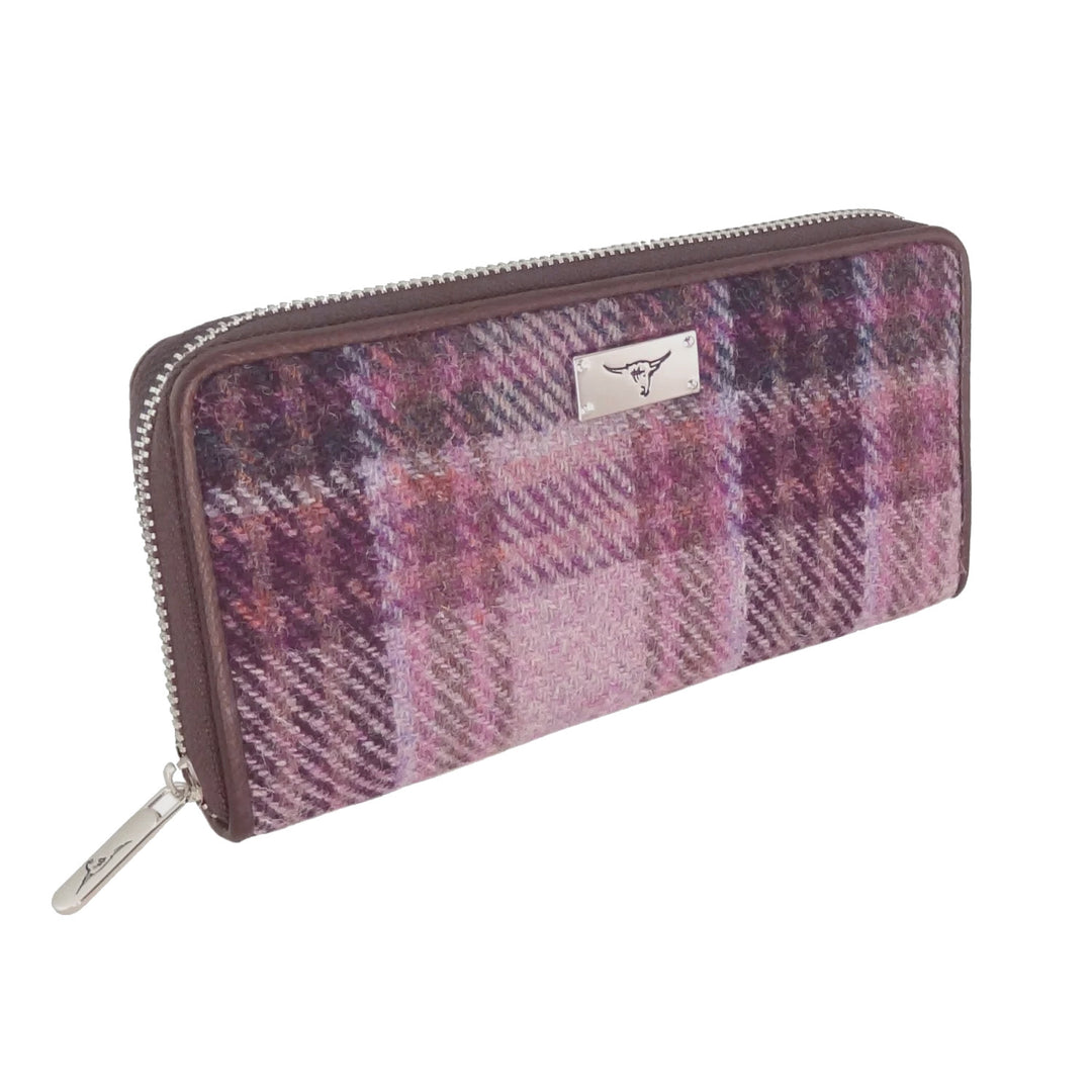 Glen Appin Harris Tweed Ladies Staffa Large Zip Purse Pink & Purple Check