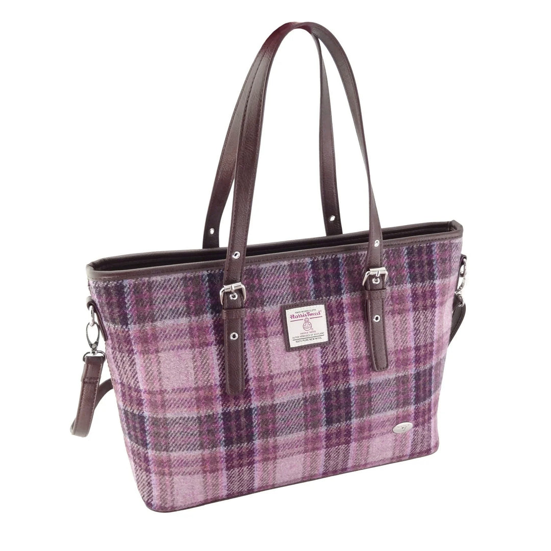 Glen Appin Harris Tweed Classic Spey Tote Handbag Pink & Purple Check