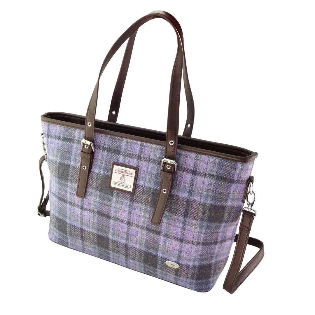 Glen Appin Harris Tweed Classic Spey Tote Handbag Soft Purple Tartan