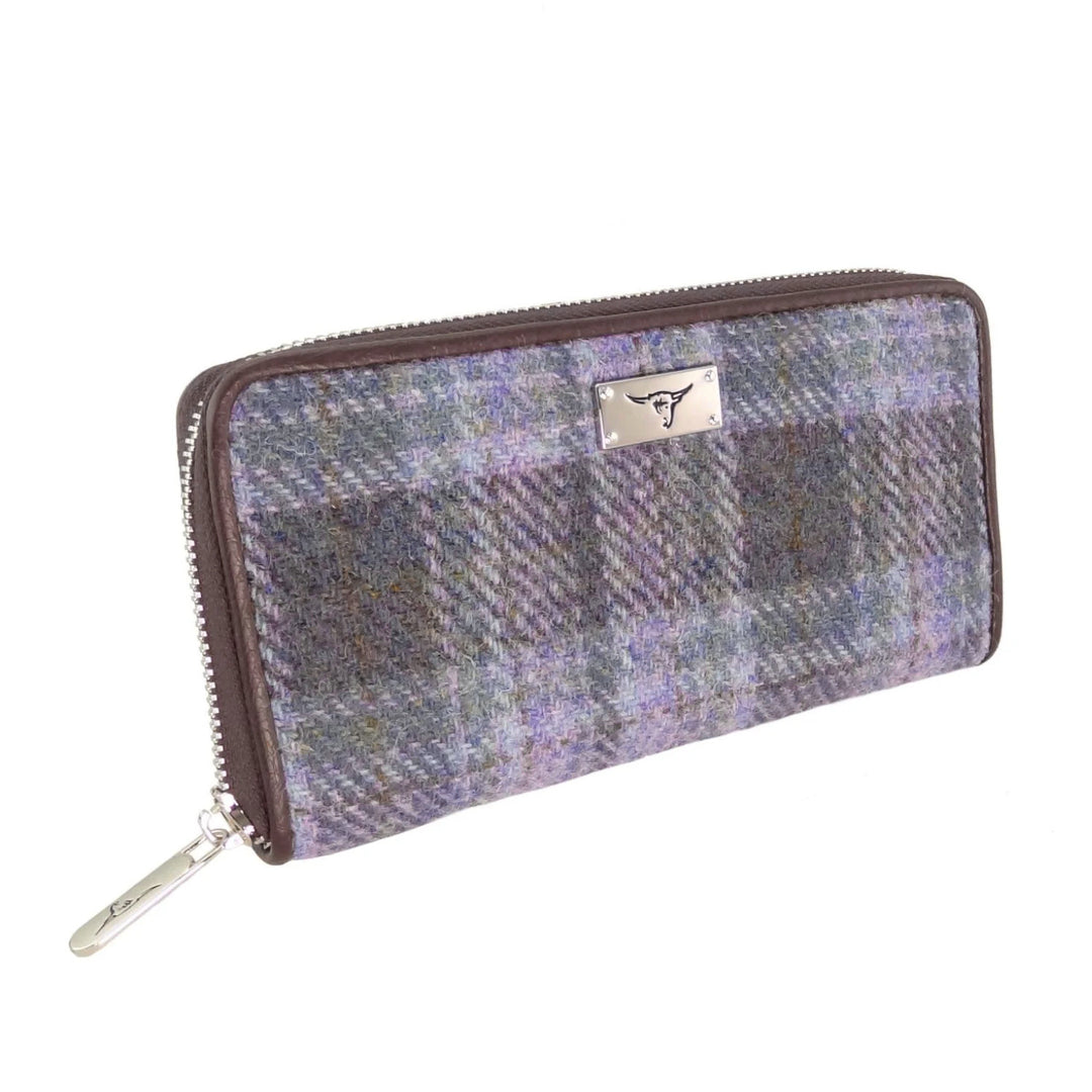 Glen Appin Harris Tweed Ladies Staffa Large Zip Purse Soft Purple Tartan