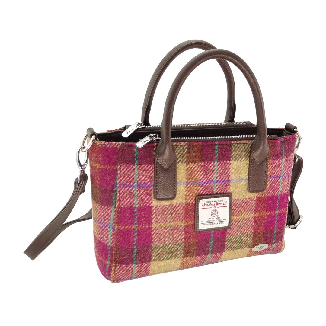 Glen Appin Harris Tweed Brora Tote Handbag Burgundy & Sand Tartan