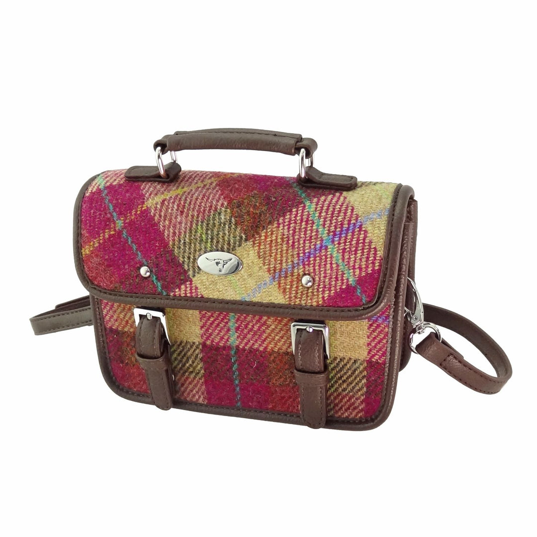Glen Appin Harris Tweed Bervie Mini Satchel Bag Burgundy & Sand Tartan