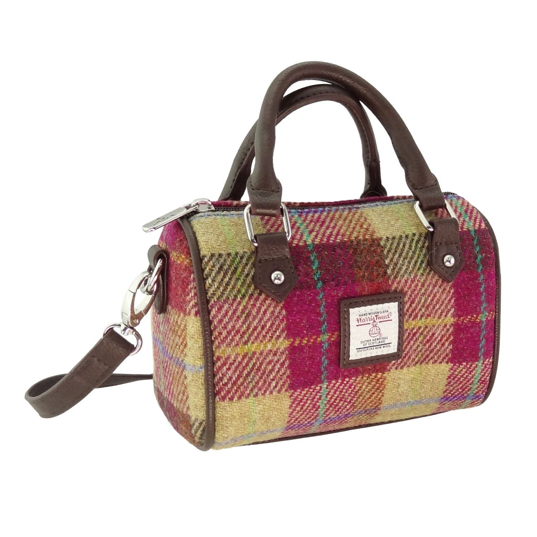 Glen Appin Harris Tweed Kilbride Mini Bowling Bag Burgundy & Sand Tartan