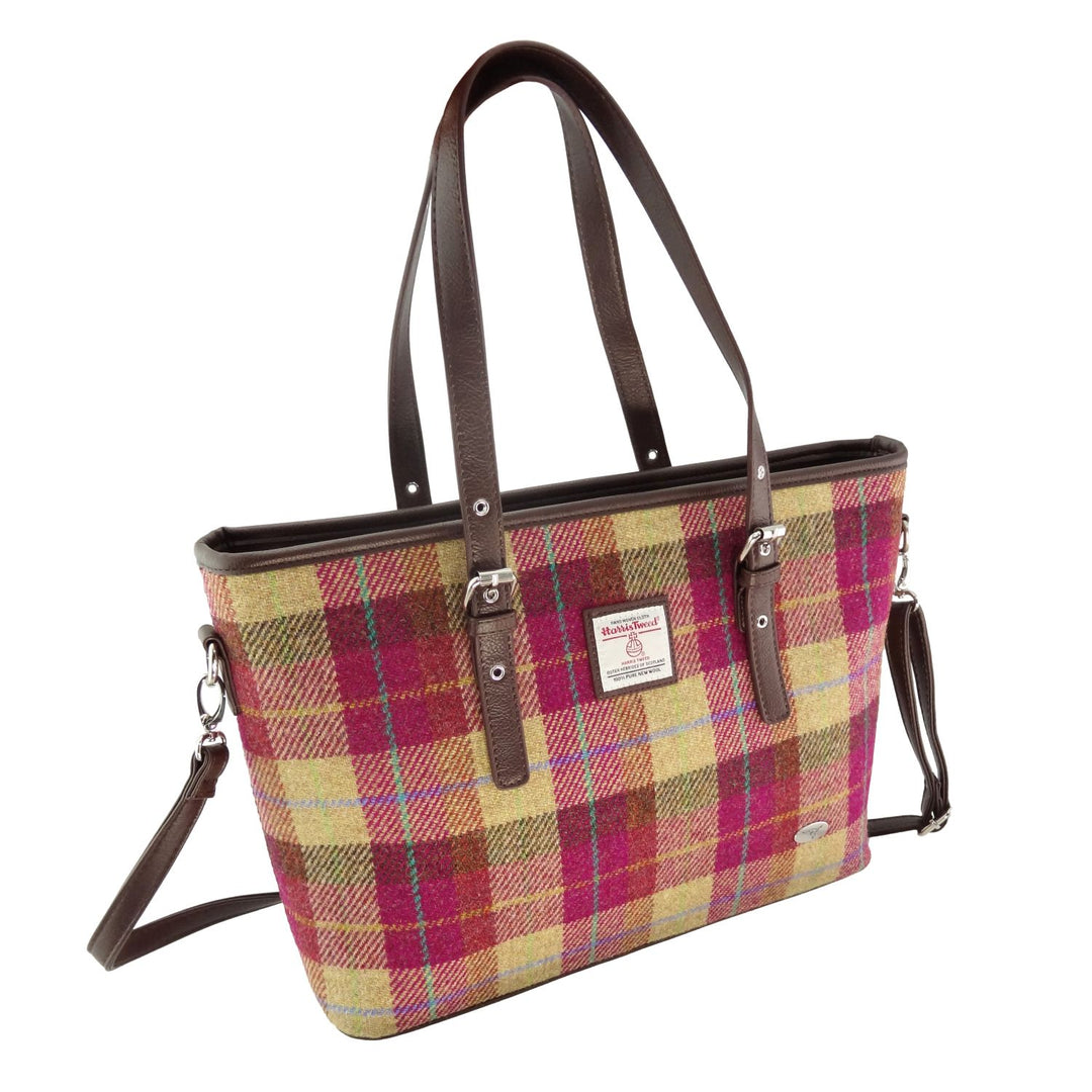 Glen Appin Harris Tweed Classic Spey Tote Handbag Burgundy & Sand Tartan