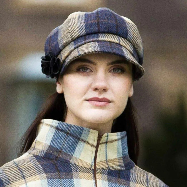 Blue & Cream Check 100% Wool Ladies Bakerboy Cap