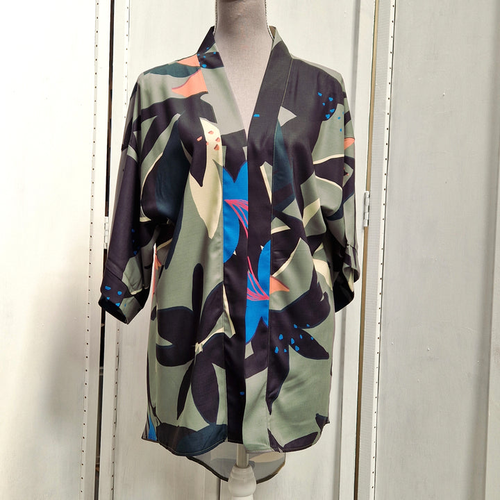 Kimono Wrap Cover Up - Khaki Green Leaf