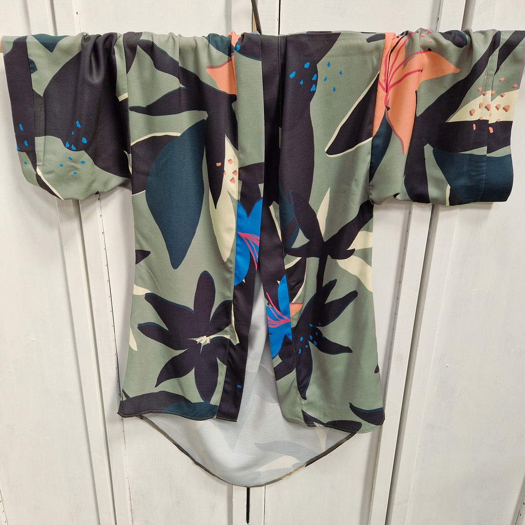 Kimono Wrap Cover Up - Khaki Green Leaf
