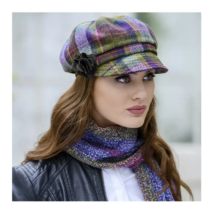 Purple & Green Check 100% Wool Ladies Bakerboy Cap