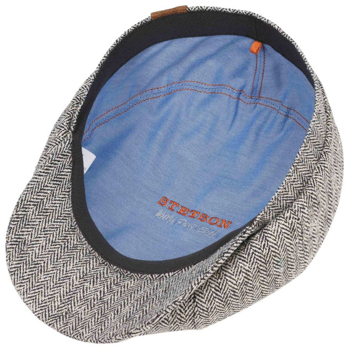 Stetson 100% Silk Hatteras Bakerboy Cap In Black & White Herringbone