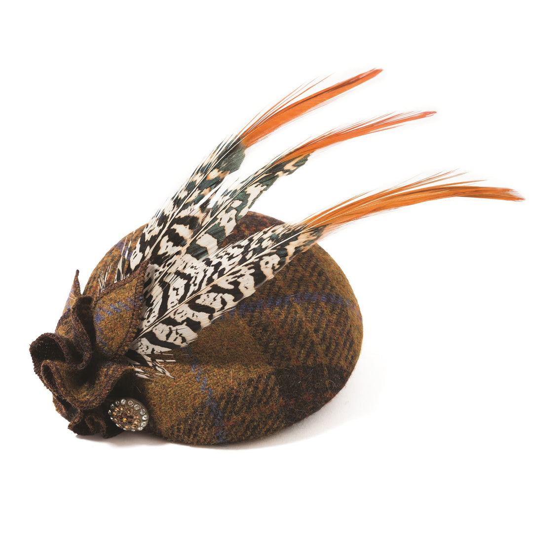 Mustard Harris Tweed & Feather Pillbox Fascinator (7729)