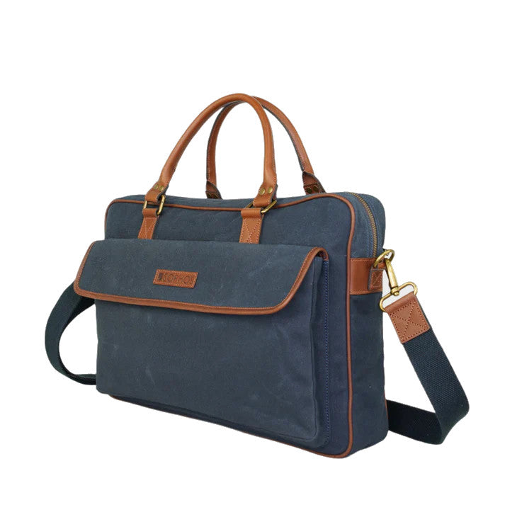 Waxed Canvas & Leather Briefcase Messenger Bag Navy