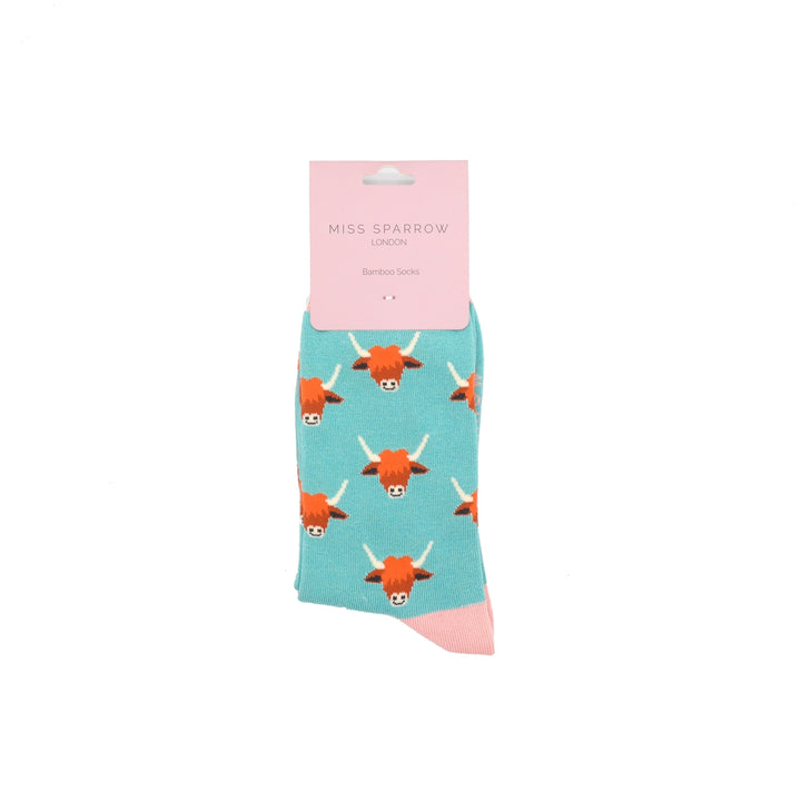 Miss Sparrow Bamboo Highland Cow Socks (Duck Egg)