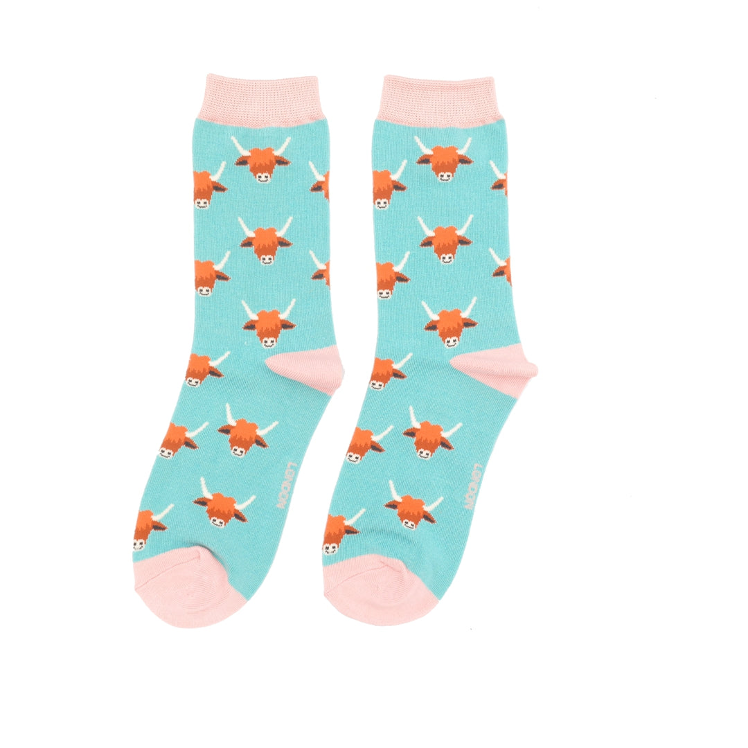 Miss Sparrow Bamboo Highland Cow Socks (Duck Egg)