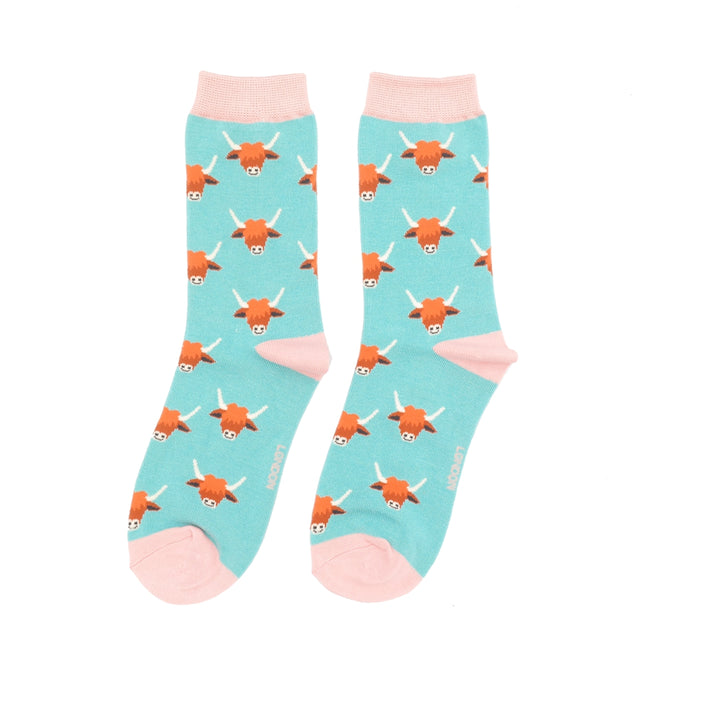 Miss Sparrow Bamboo Highland Cow Socks (Duck Egg)