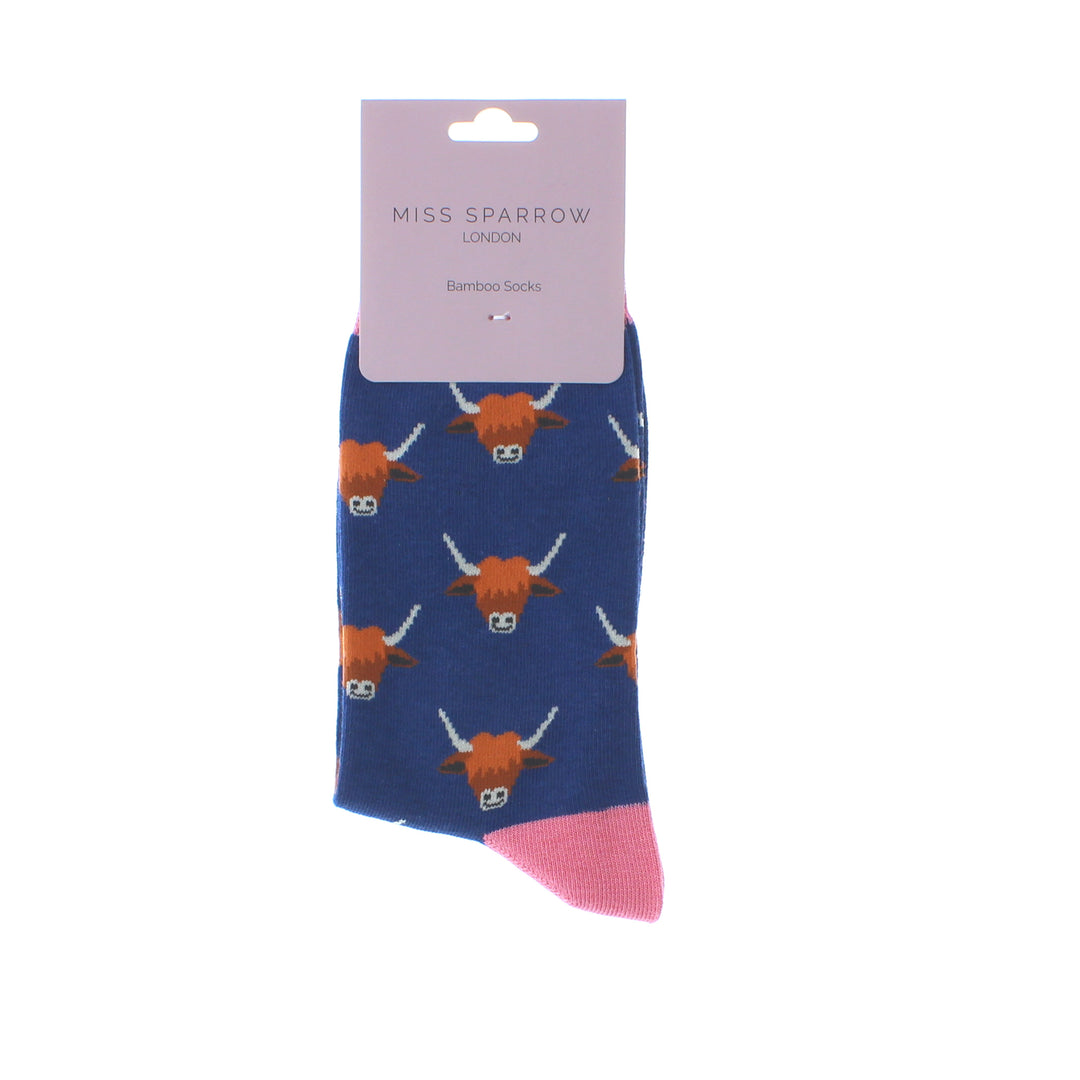 Miss Sparrow Bamboo Highland Cow Socks (Navy)