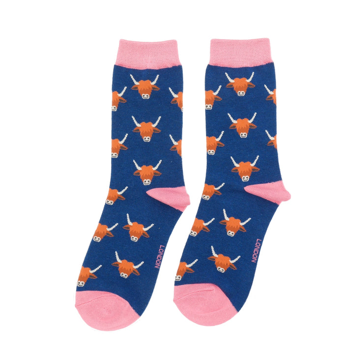 Miss Sparrow Bamboo Highland Cow Socks (Navy)