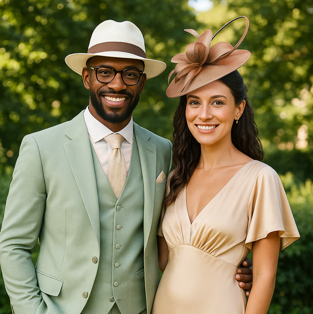 Couple standing together. The man is wearing a 3-piece light green suit with a white shirt and light ivory tie and a white fedora straw hat with a light brown band.  The lady is wearing a silk beige gown with a light brown fascinator on her head. Standing outdoors with greenery in the background.