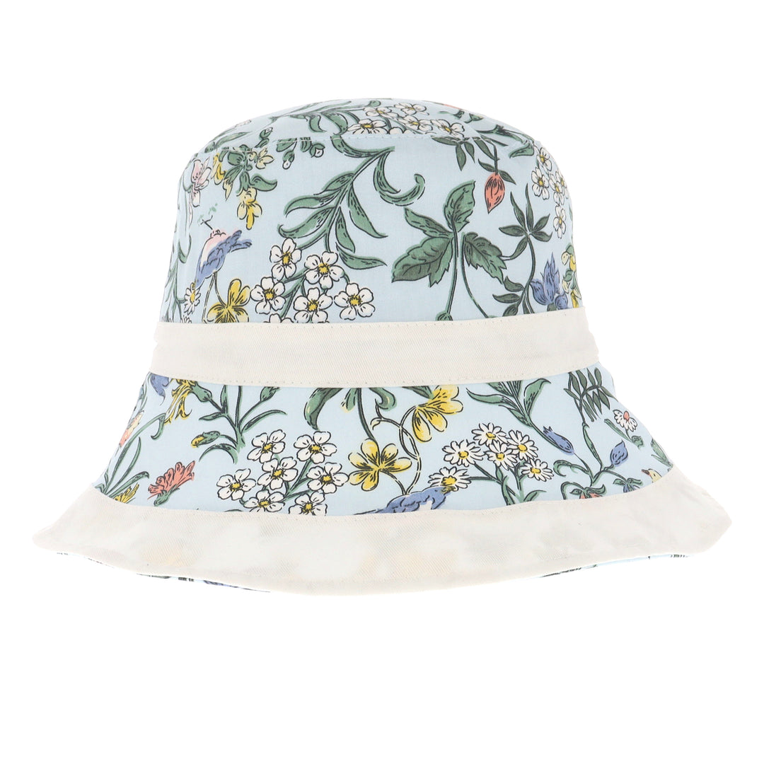 Ladies Wide Brim Reversible Floral Print Bucket Hat in Blue