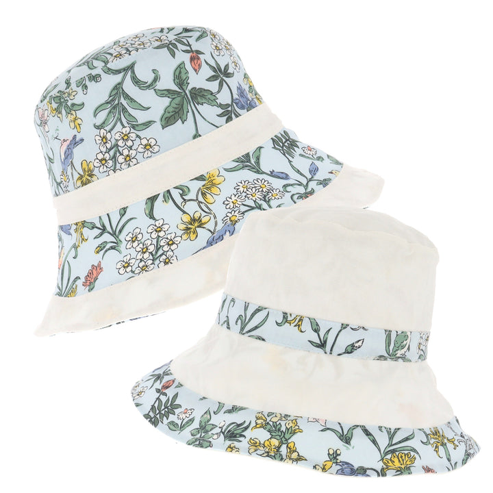 Ladies Wide Brim Reversible Floral Print Bucket Hat in Blue