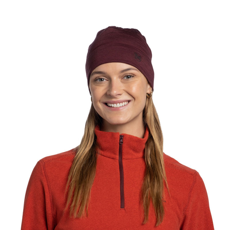 Buff Merino Lightweight Beanie Hat in Garnet