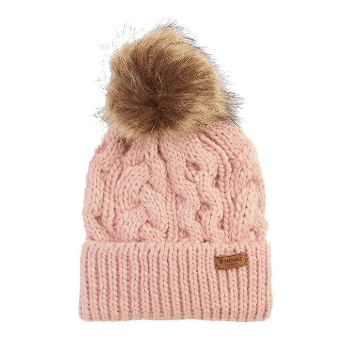 Barbour Cable Knit Bobble Hat in Pink Blush