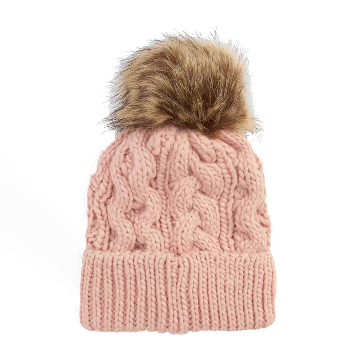 Barbour Cable Knit Bobble Hat in Pink Blush