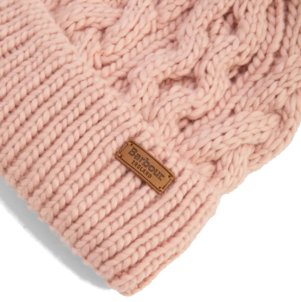 Barbour Cable Knit Bobble Hat in Pink Blush