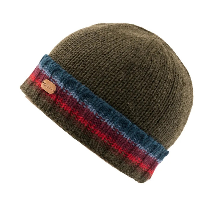 Kusan Wool Turn Up Beanie Hat Dark Green