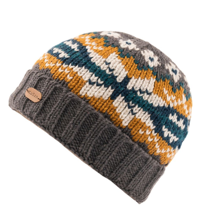 Kusan Wool Turn Up Snowflake Beanie Hat Teal/Mustard