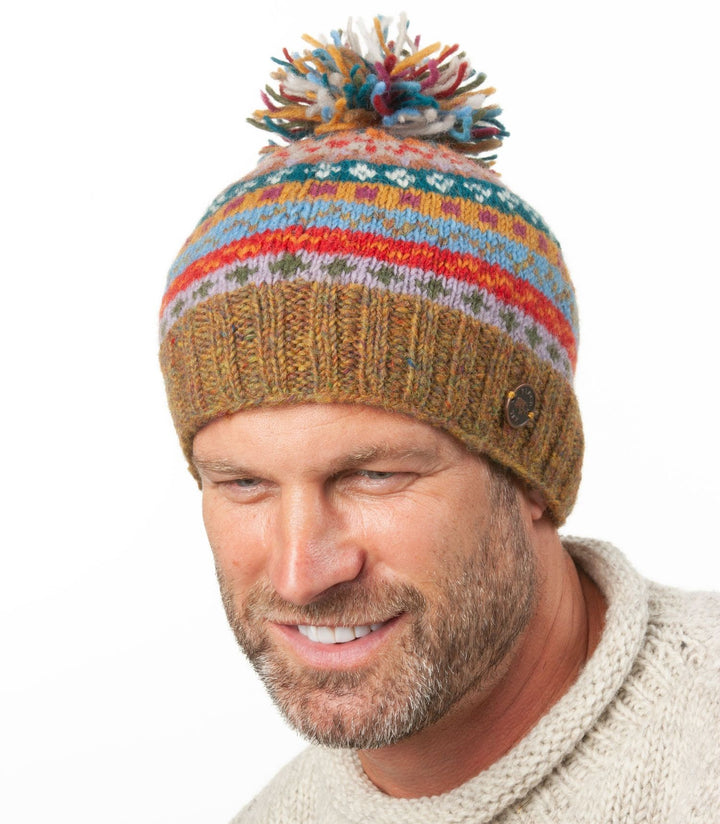 Fair Isle Bobble Hat - Gold Heather