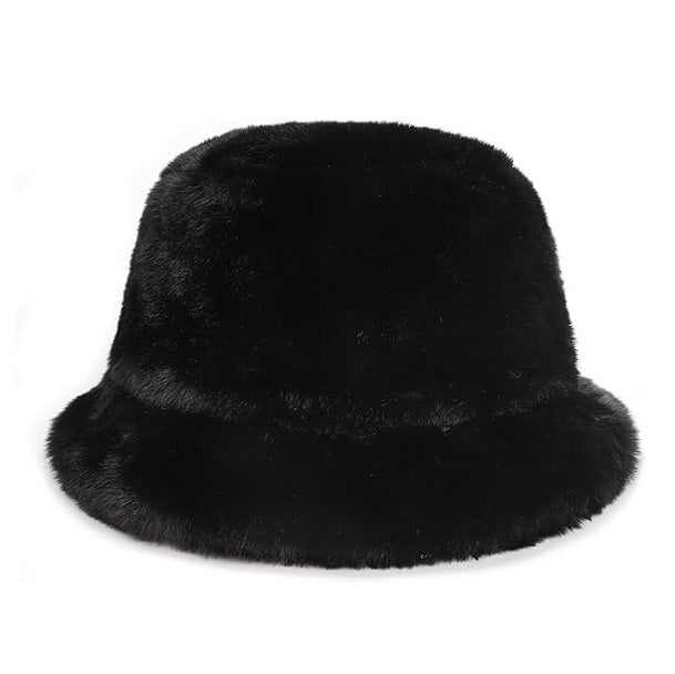 Women's Winter Faux Fur Soft Fluffy Plush Bucket Hat Black