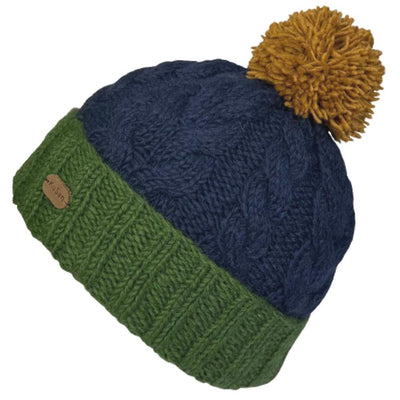 Navy Green Mustard Cable Bobble Hat