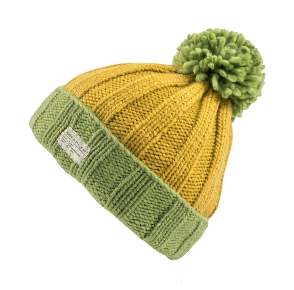 Kusan Moss Yarn Turn Up Bobble Hat Green/Yellow