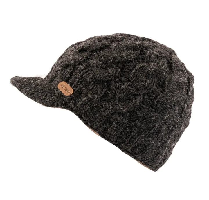 Kusan Cable Knit Peaked Beanie Cap Charcoal